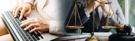 justice and law concept.Male judge in a courtroom on wooden table and Counselor or Male lawyer...