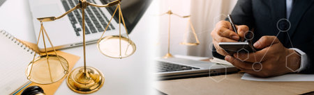 Justice and law concept.Male judge in a courtroom with the gavel, working with, computer and docking...