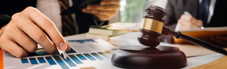Male lawyer working with contract papers and wooden gavel on tabel in courtroom. justice and law...