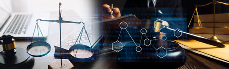 Business and lawyers discussing contract papers with brass scale on desk in office. Law, legal...