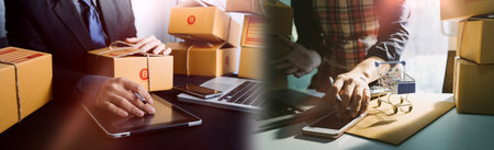 Online sales ideas for work at home. Asian man is answering phone calls. To accept orders from...