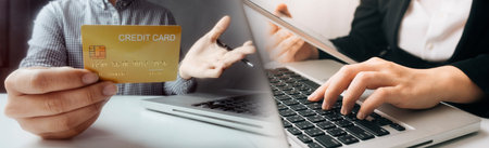 technology, people and online shopping concept - happy smiling man with tablet pc computer and...