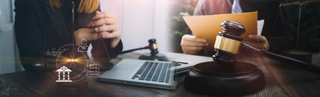 Business and lawyers discussing contract papers with brass scale on desk in office. Law, legal...