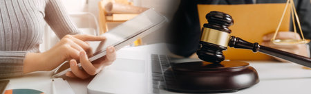 Business and lawyers discussing contract papers with brass scale on desk in office. Law, legal...
