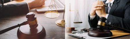Business and lawyers discussing contract papers with brass scale on desk in office. Law, legal...