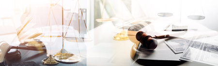 Judge gavel with Justice lawyers having team meeting at law firm in background. Concepts of law.