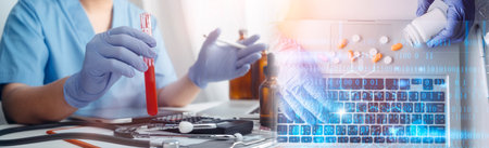 Medicine doctor hand working on a patients x-ray scans digital healthcare and connection with modern...