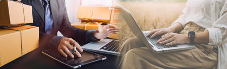 Online sales ideas for work at home. Asian man is answering phone calls. To accept orders from...