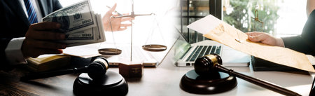 Business and lawyers discussing contract papers with brass scale on desk in office. Law, legal...