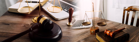 Business and lawyers discussing contract papers with brass scale on desk in office. Law, legal...