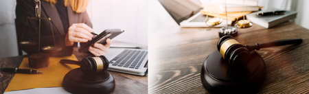 Business and lawyers discussing contract papers with brass scale on desk in office. Law, legal...