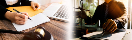 Business and lawyers discussing contract papers with brass scale on desk in office. Law, legal...