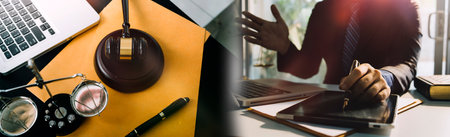 Business and lawyers discussing contract papers with brass scale on desk in office. Law, legal...