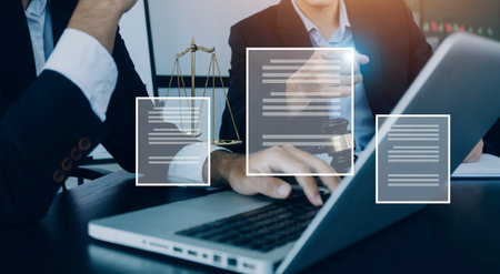 Justice and law concept.Male judge in a courtroom with the gavel, working with, computer and docking...
