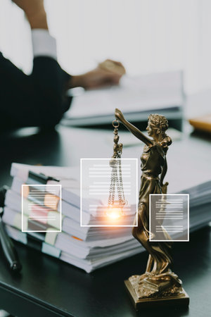Justice and law concept.Male judge in a courtroom with the gavel, working with, computer and docking...