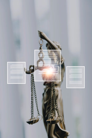 Justice and law concept.Male judge in a courtroom with the gavel, working with, computer and docking...