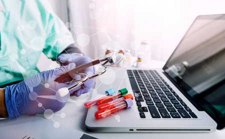 Double exposure of healthcare And Medicine concept. Doctor and modern virtual screen interface.