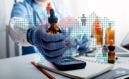 Double exposure of healthcare And Medicine concept. Doctor and modern virtual screen interface.