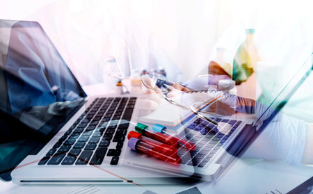 Double exposure of healthcare And Medicine concept. Doctor and modern virtual screen interface.