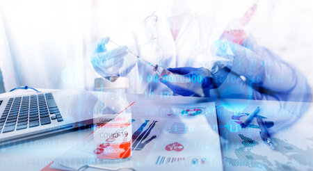 Double exposure of healthcare And Medicine concept. Doctor and modern virtual screen interface.