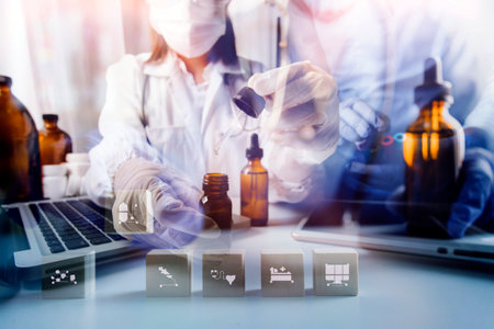 Double exposure of healthcare And Medicine concept. Doctor and modern virtual screen interface.