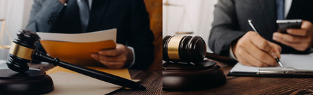 Business and lawyers discussing contract papers with brass scale on desk in office. Law, legal...