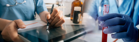 Double exposure of healthcare And Medicine concept. Doctor and modern virtual screen interface,...