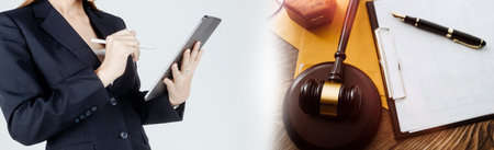 justice and law concept.Male judge in a courtroom on wooden table and Counselor or Male lawyer...