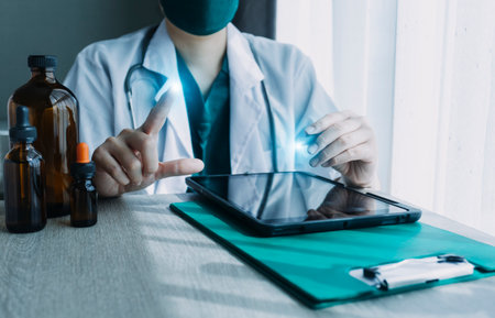 Medicine doctor or pharmacist use tablet or mobile phone.Health care and medical or Health Insurance...