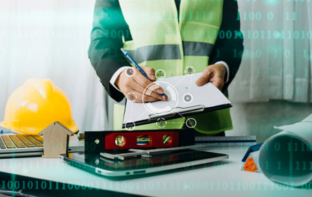 Scene of industrial engineers discussion, Construction architect with huge industry as a background,...