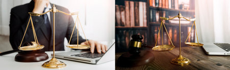 Business and lawyers discussing contract papers with brass scale on desk in office. Law, legal...