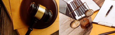 Business and lawyers discussing contract papers with brass scale on desk in office. Law, legal services, advice, justice and law concept picture with film grain effectの写真素材