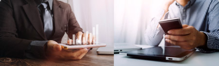 Business and lawyers discussing contract papers with brass scale on desk in office. Law, legal services, advice, justice and law concept picture with film grain effectの写真素材