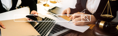 Business and lawyers discussing contract papers with brass scale on desk in office. Law, legal...
