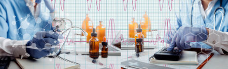 Medicine doctor hand working on a patients x-ray scans digital healthcare and connection with modern...