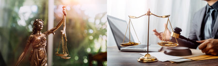 Business and lawyers discussing contract papers with brass scale on desk in office. Law, legal services, advice, justice and law concept picture with film grain effectの写真素材