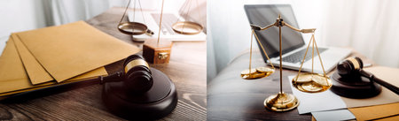 Justice and law concept.Male judge in a courtroom with the gavel, working with, computer and docking keyboard, eyeglasses, on table in morning lightの写真素材