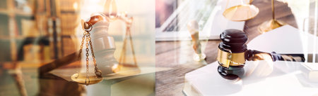 Business and lawyers discussing contract papers with brass scale on desk in office. Law, legal services, advice, justice and law concept picture with film grain effectの写真素材