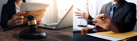 Business and lawyers discussing contract papers with brass scale on desk in office. Law, legal services, advice, justice and law concept picture with film grain effectの写真素材