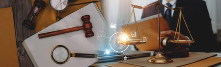 Business and lawyers discussing contract papers with brass scale on desk in office. Law, legal...