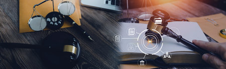 Justice and law concept.Male judge in a courtroom with the gavel, working with, computer and docking...