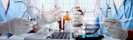 Medicine doctor hand working on a patients x-ray scans digital healthcare and connection with modern...