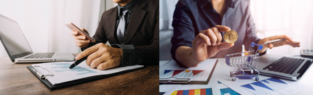 justice and law concept.Male judge in a courtroom on wooden table and Counselor or Male lawyer working in office. Legal law, advice and justice concept.の写真素材