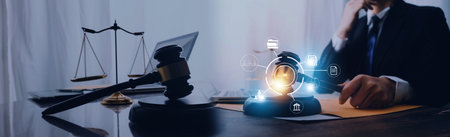 Medicine doctor hand working on a patients x-ray scans digital healthcare and connection with modern virtual screen interface icons, Medical technology and network concept.の写真素材
