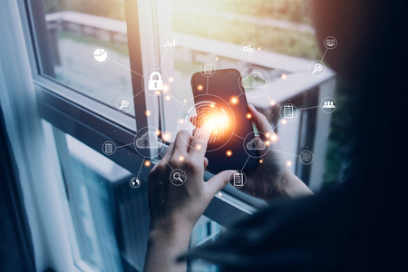 businessmen Fingerprint scanning and biometric authentication, processing of biometric for access personal data. surveillance and security scanning of digital programs cyber futuristic applicationsの写真素材