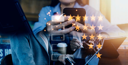 Customer evaluation feedback.men in suit Giving Positive Review for Client's Satisfaction Surveys.giving a five star rating. Service rating, satisfaction conceptの写真素材