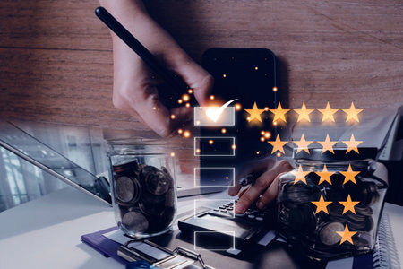 Customer evaluation feedback.men in suit Giving Positive Review for Client's Satisfaction Surveys.giving a five star rating. Service rating, satisfaction conceptの写真素材