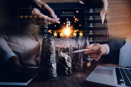 Customer review satisfaction feedback survey concept, User give rating to service experience on online application, Customer can evaluate quality of service leading to reputation ranking of business.の写真素材