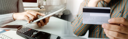 Woman hand using mobile smart phone, online payment, banking and online shopping at the home.