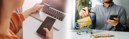 Woman hand using mobile smart phone, online payment, banking and online shopping at the home.の写真素材